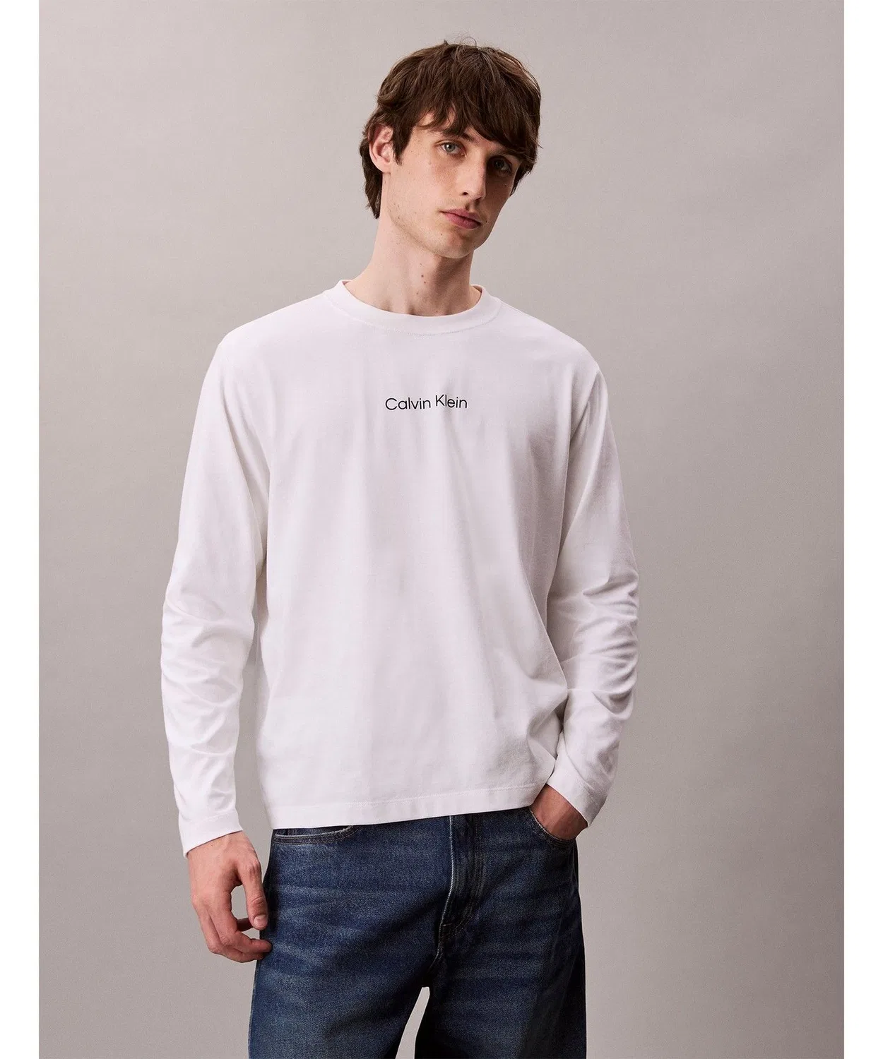 Мужская футболка с длинным рукавомс принтом Calvin Klein, Белая