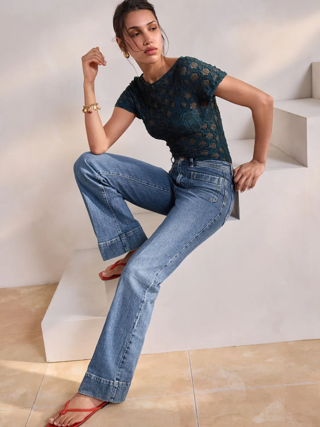 Джинсы широкие с накладными карманами Mid Blue Patch Pocket Wide Leg Next, Средне-синий — фото 2