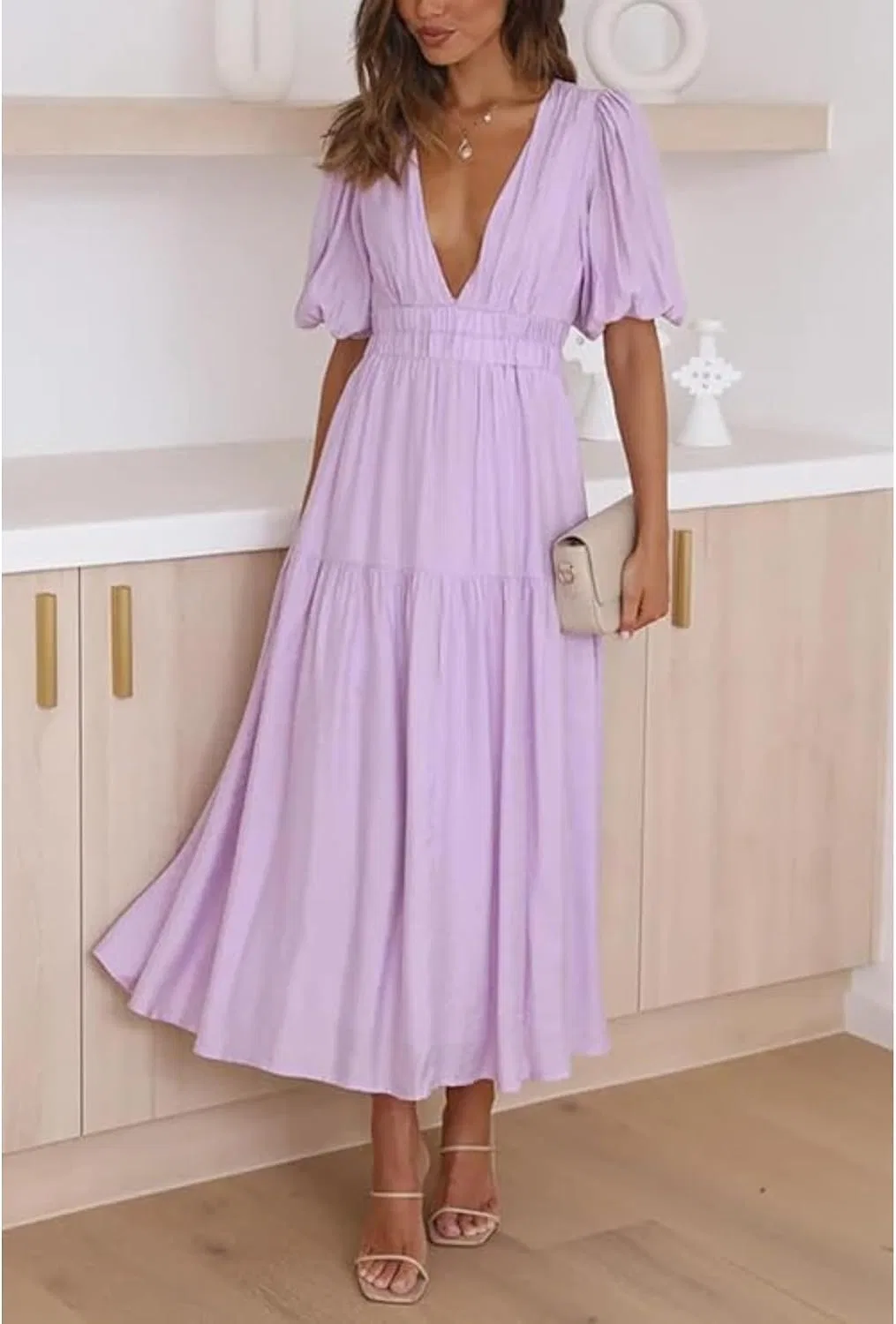 Женское летнее платье миди A-line V-образным вырезом, Purple — фото 2