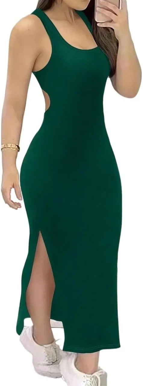 Женское облегающее платье без рукавов с разрезом Dark Green
