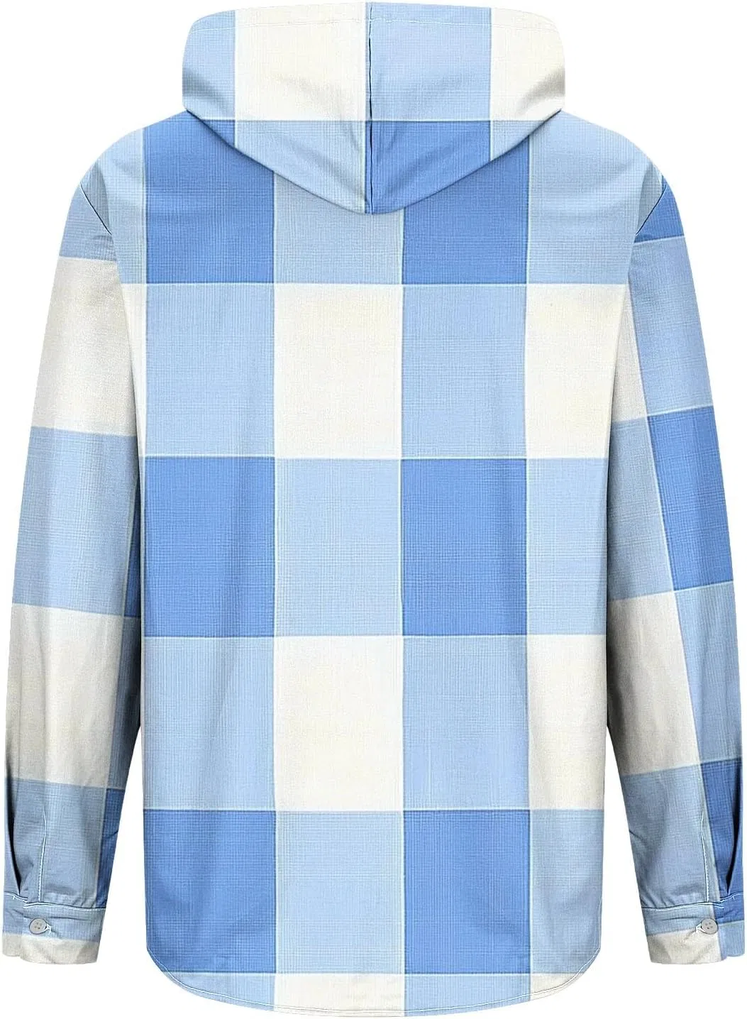 Мужская свободная фланелевая рубашка с капюшоном, принт в клетку, Long Sleeve Button Down Plaid Hoodie Stretch Casual Heavyweight Checkered Top, светло-синий — фото 3