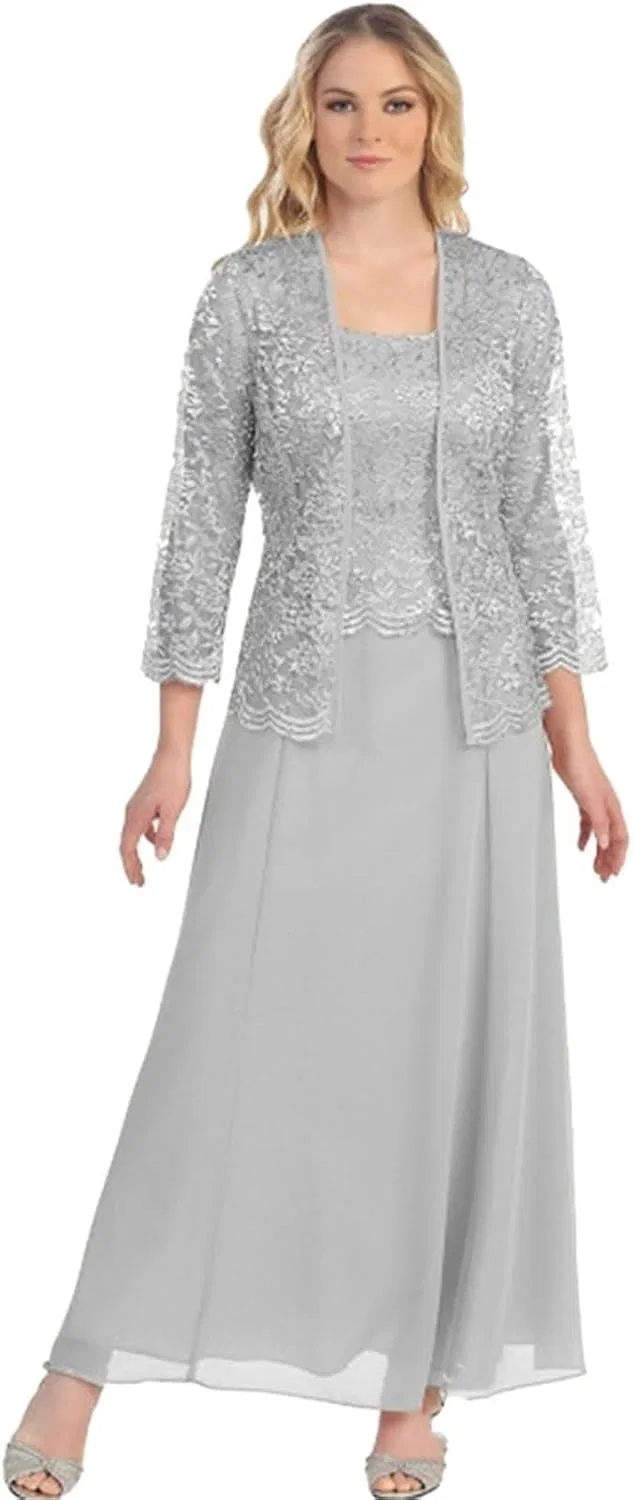 Женский плюс-сайт костюм-двойка с кружевом Chiffon, Gray