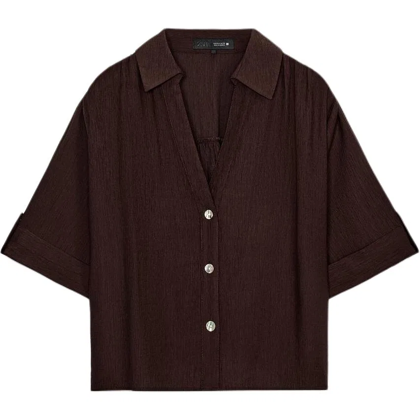 Женская рубашка с V-образным вырезом Dark Brown ZARA, Темно-коричневый