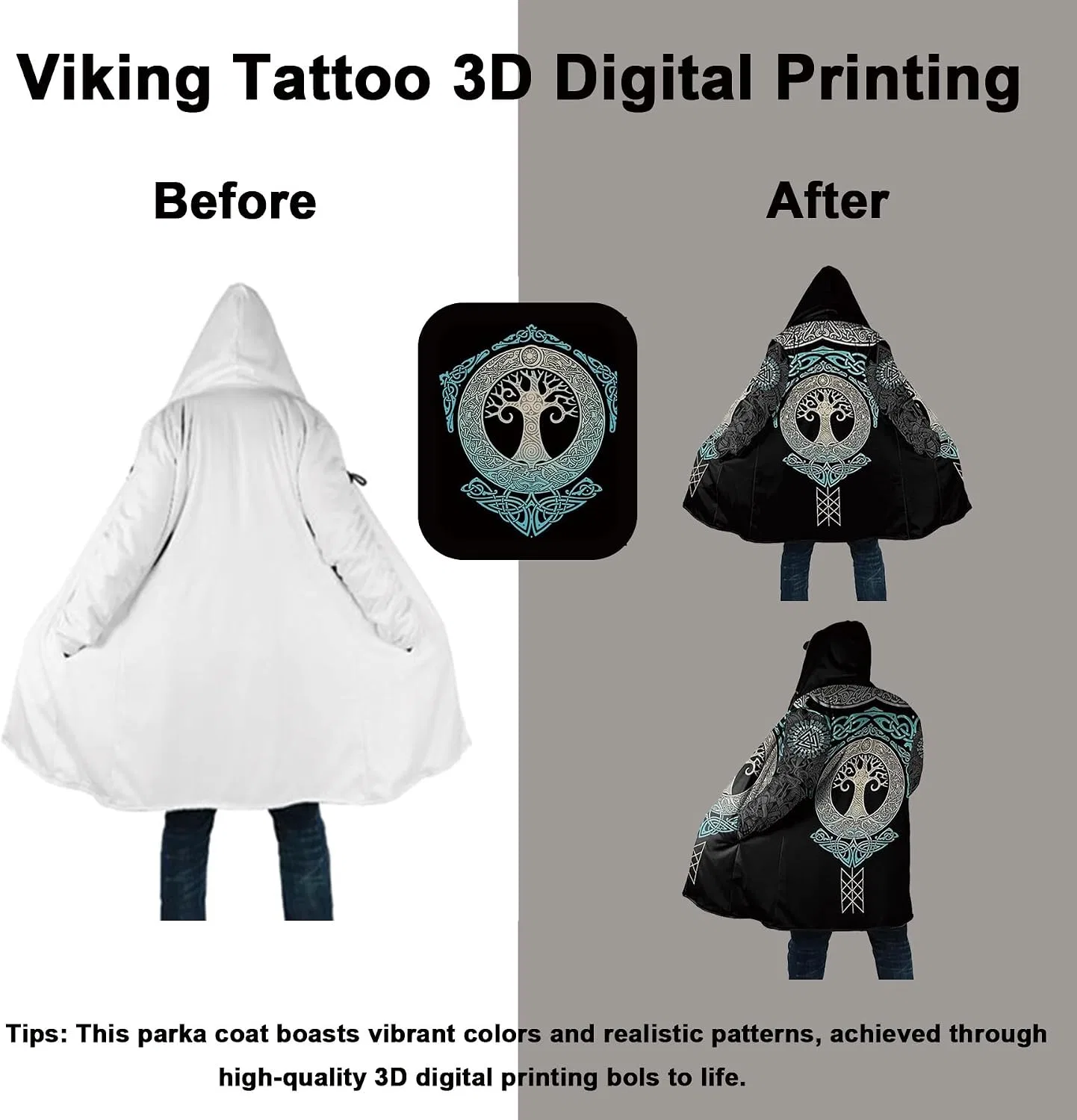 Женское пальто-парка с капюшоном, 3D-принт, Viking, красный — фото 4