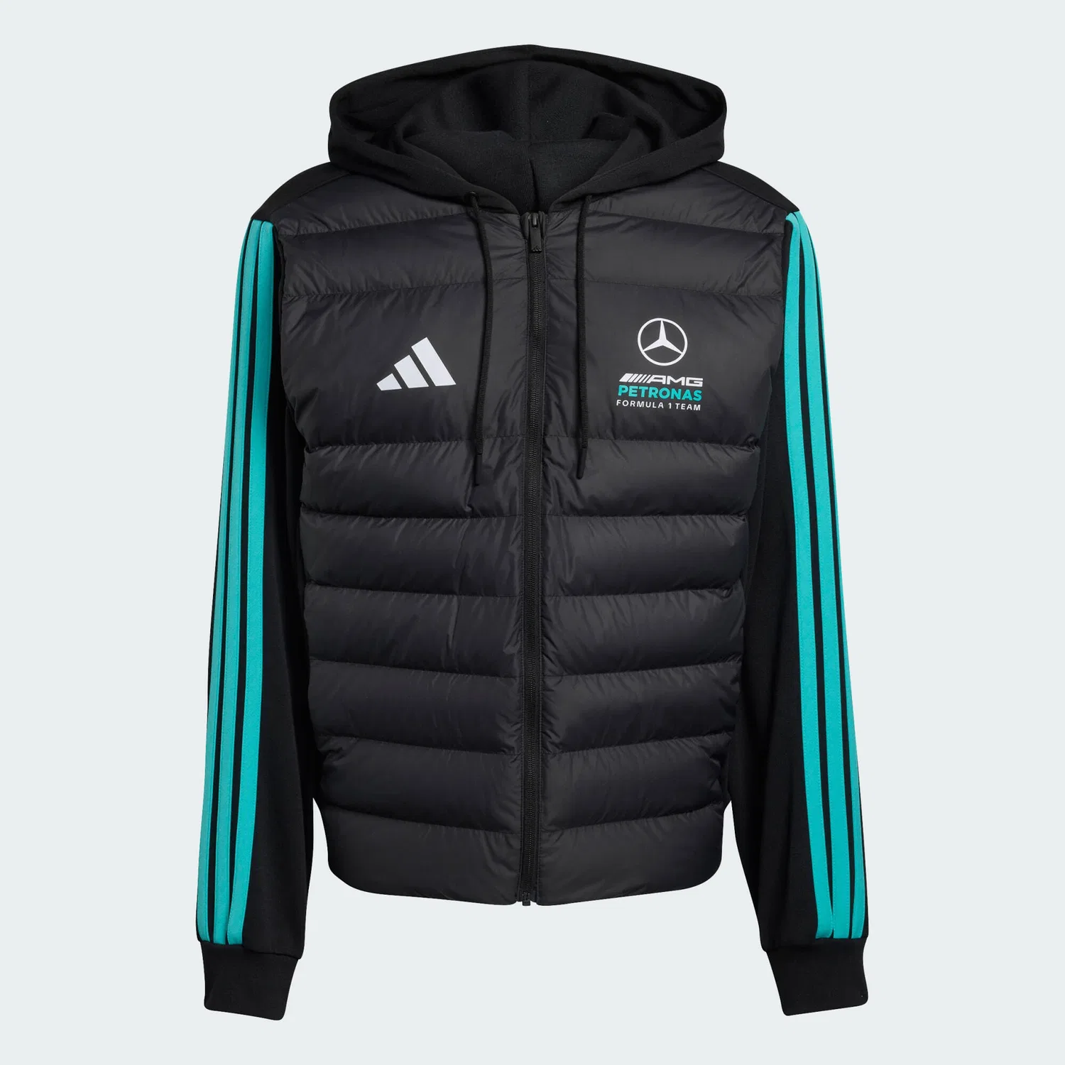 Мужская утепленная куртка-пуховик Mercedes-AMG Petronas Formula 1 Team DNA Puffer Jacke Adidas, Schwarz Turkis — фото 2