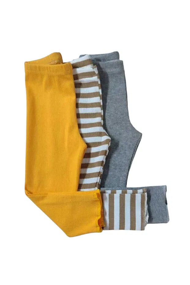 Детские леггинсы для девочек с полосками комплект 3 шт Fun, Yellow-Three-Striped-Gray — фото 2
