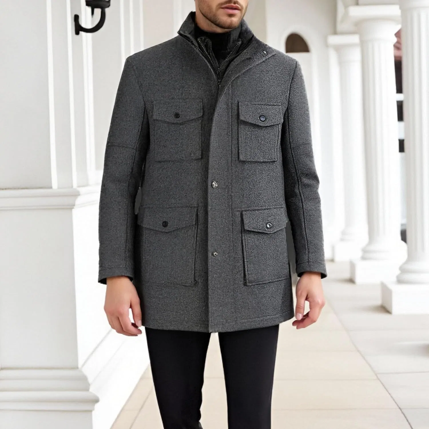 Мужское пальто-тренч с поясом, Slim Fit, серый — фото 2