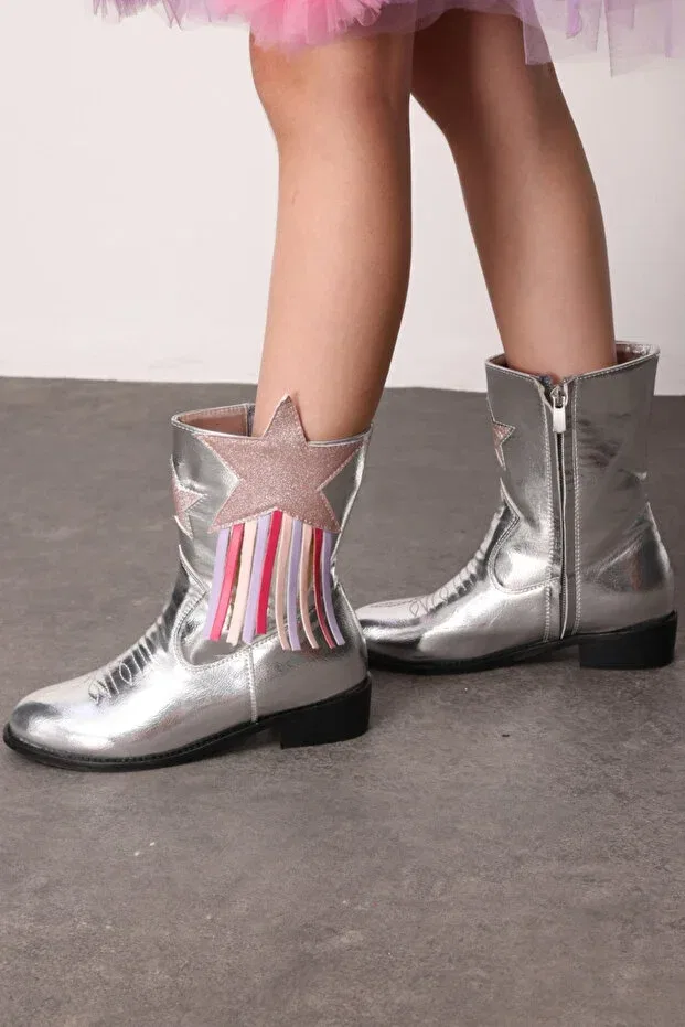Детские ботинки для девочек с принтом Cowboy Boots With Silver Star And Tassel Details Le Mabelle, Silver — фото 2