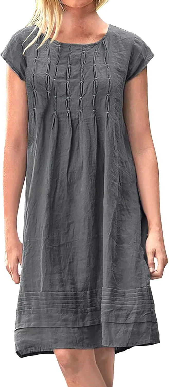 Женское летнее льняное платье мини с плиссе, Dark Gray