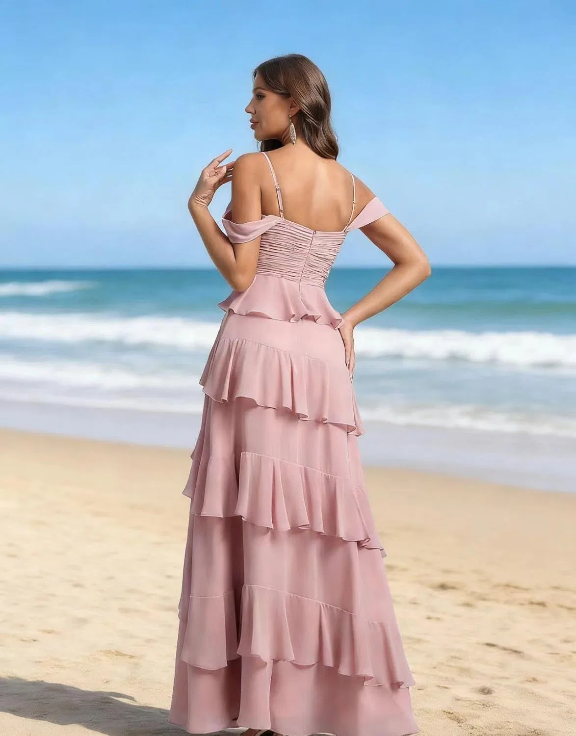 Женское вечернее платье с воланами из шифона, Off Shoulder, Steel Blue — фото 2