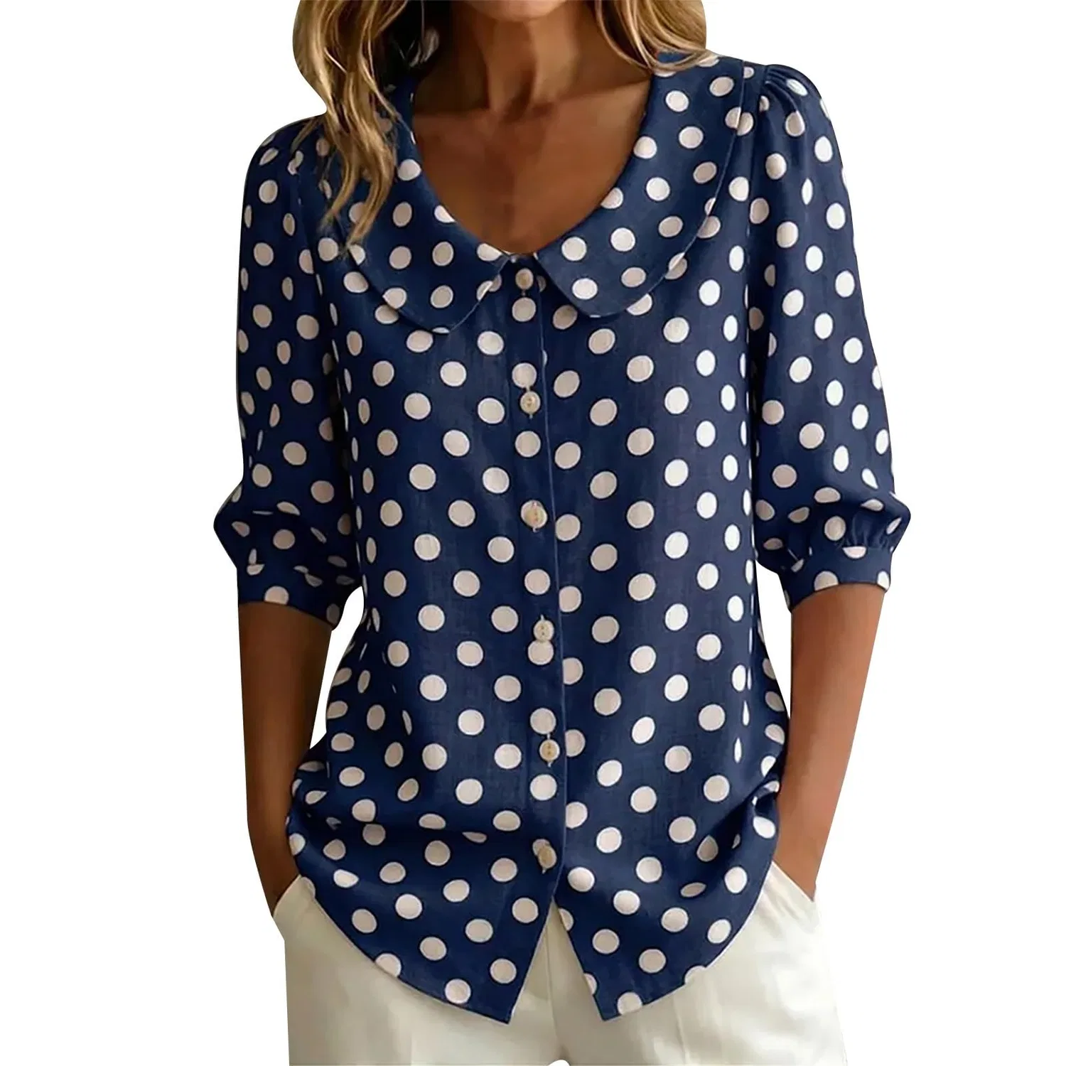 Женская блуза с коротким рукавом на пуговицах, Polka Dot - Blue