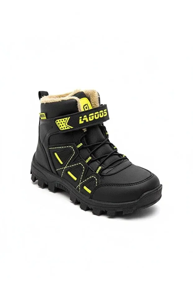 Детские ботинки для мальчиков и девочек с мехом Lagoos Sport, Black-Neon Yellow
