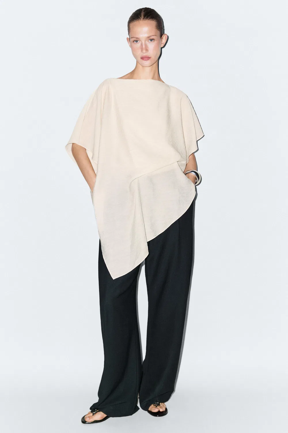 Блузка Massimo Dutti, асимметричная струящаяся, кремовый