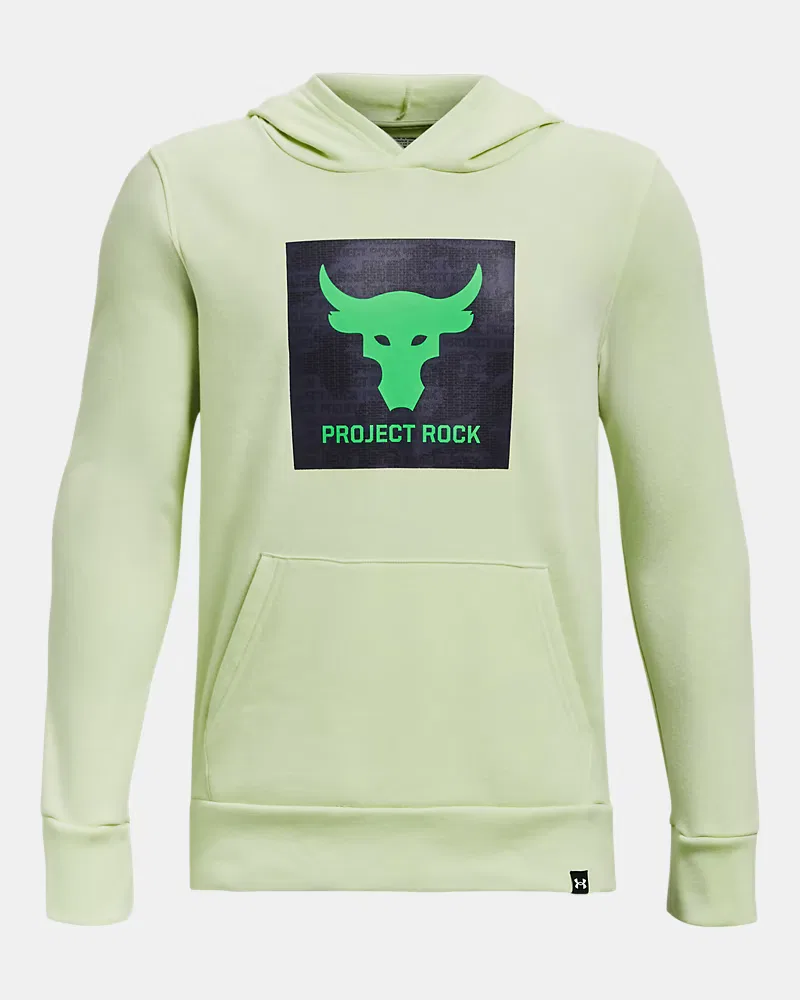 Худи детское на флисе с кенгуру-карманом Project Rock Rival Fleece Theme UnderArmour, Phosphor Green/Tempered Steel/Extreme Green