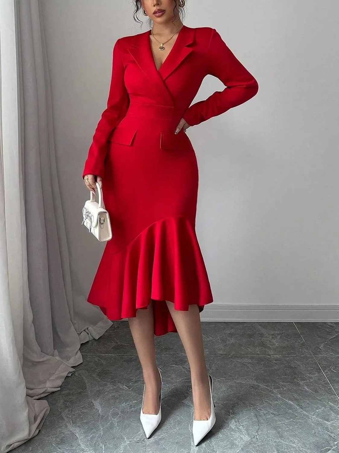 Женское платье-футляр с запахом миди с асимметричным подолом, Red — фото 4