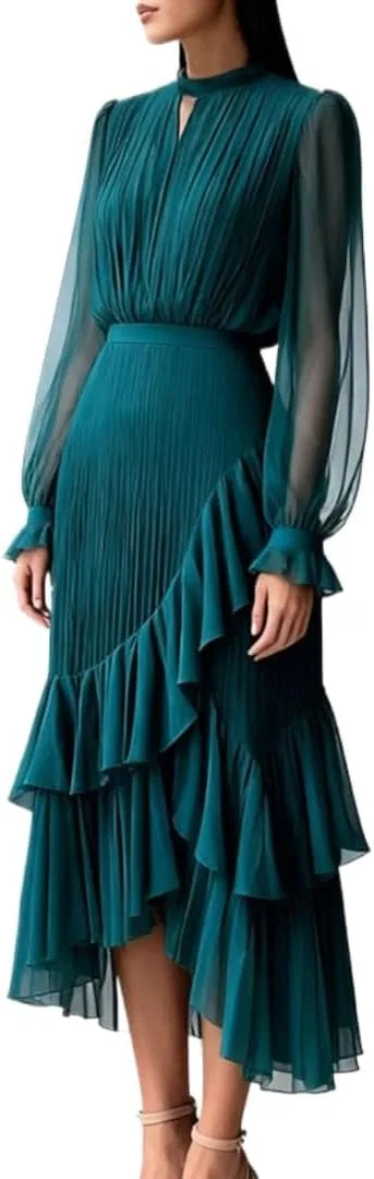 Женское платье с воланами и высокой талией, Dark Green