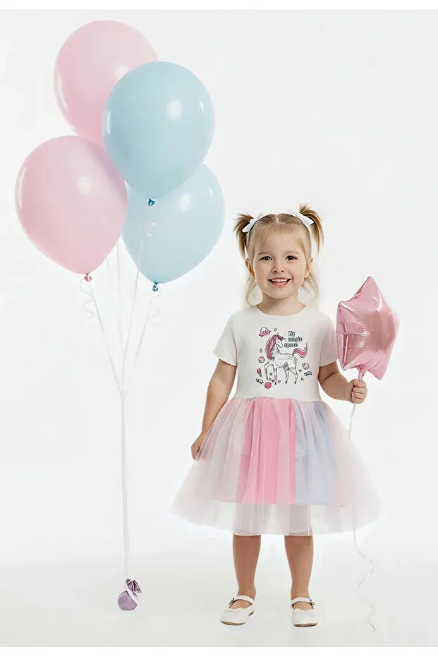 Детское платье из футера с принтом Colorful Tulle Combed Cotton Dress Beray Bebe, Ecru