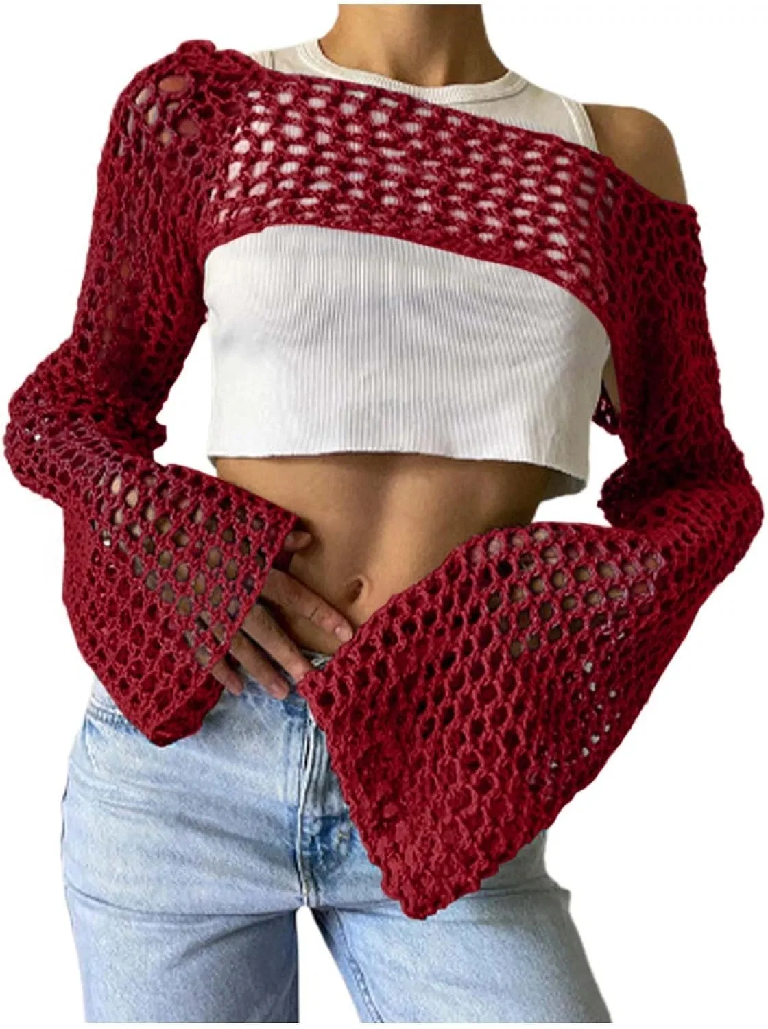 Женский вязаный пляжный топ с круглым вырезом, Red