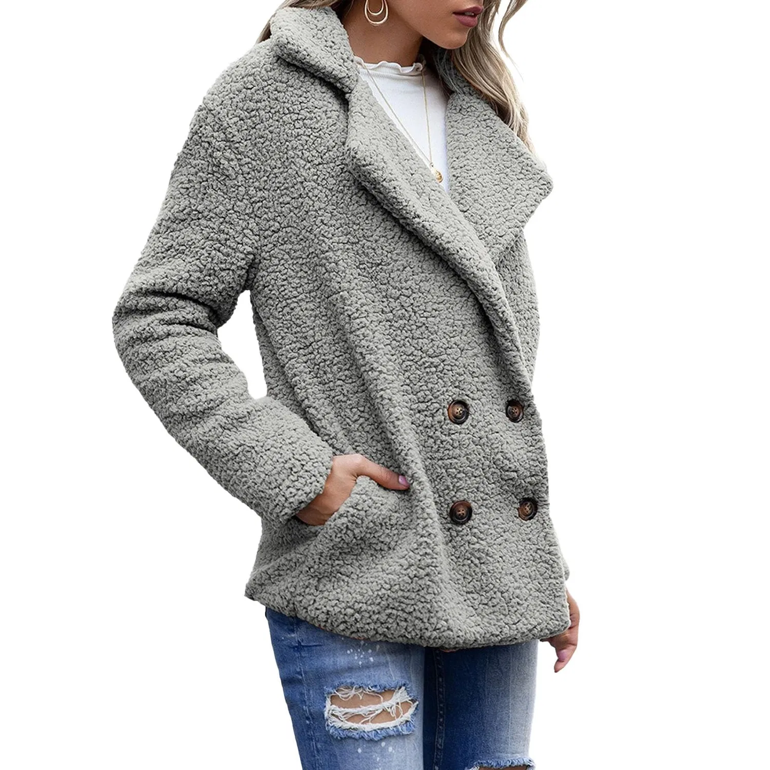Женское длинное пальто из искусственного меха с принтом, модель Oversized Warm Jacket, bright grey (ral 7035) — фото 4