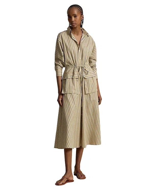 Женское платье-рубашка из хлопкового канваса с принтом Utility Shirt Dress Ralph Lauren, Tan/Royal Multi