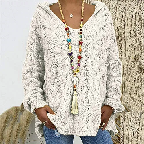 Женский свитер с v-образным вырезом и косами Chunky Knit Pullover Hoodies, White — фото 2
