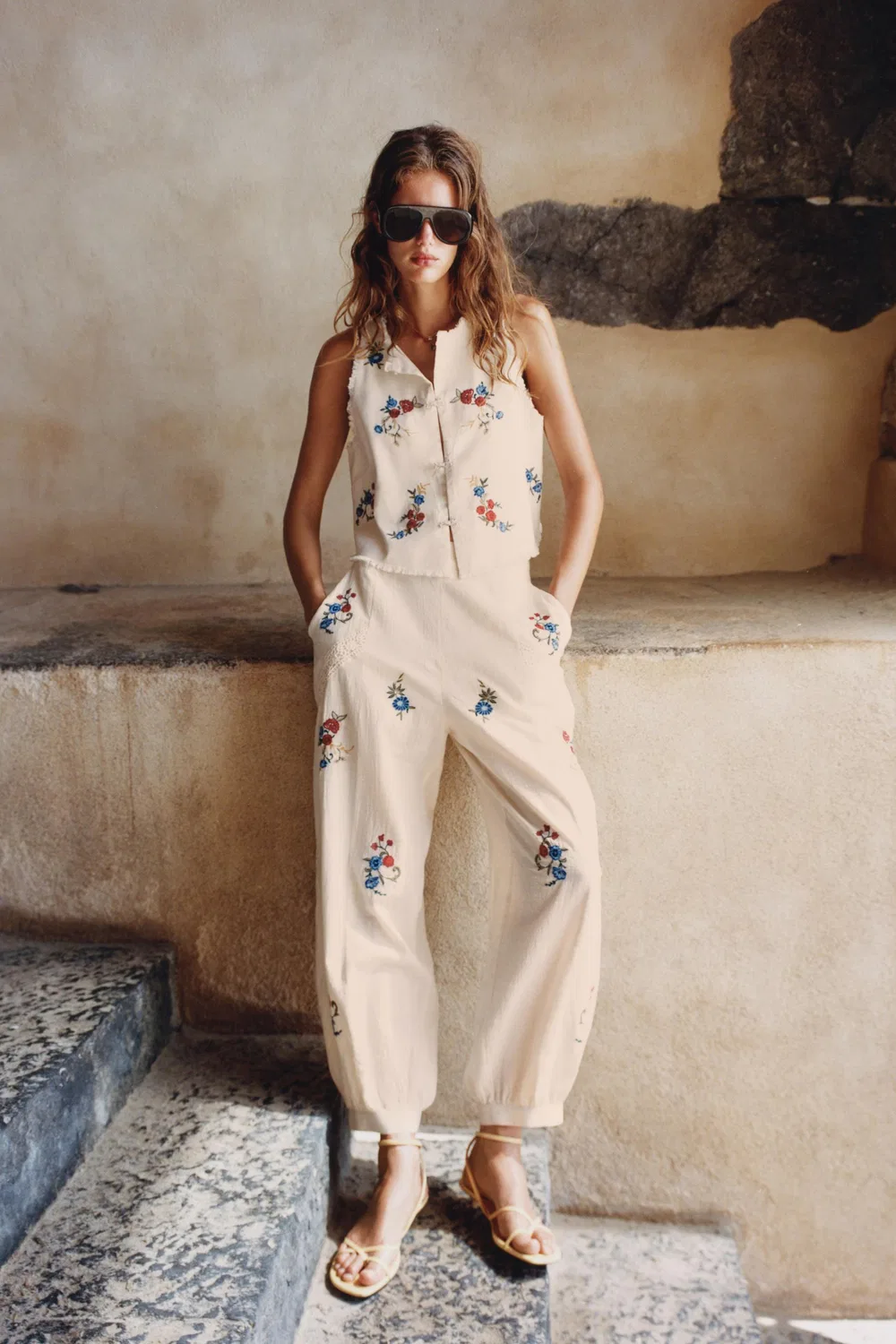 Вышитые брюки-саруэль ZARA, White