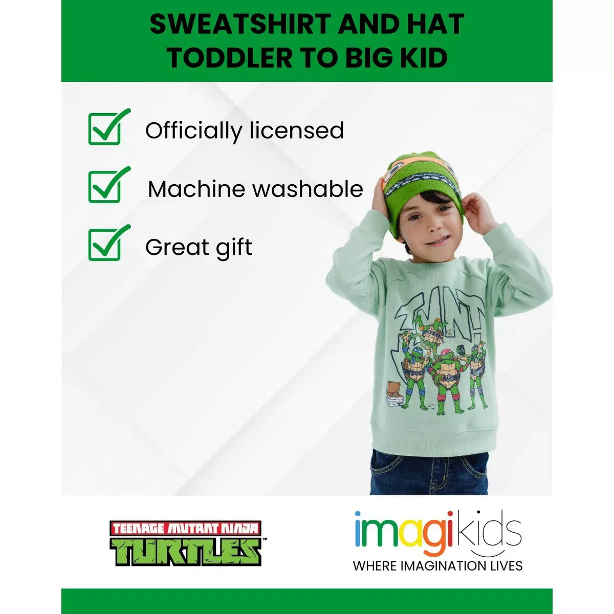 Детское худи с принтом Teenage Mutant Ninja Turtles Fleece Sweatshirt and Hat Toddler Teenage Mutant Ninja Turtles, Green — фото 2