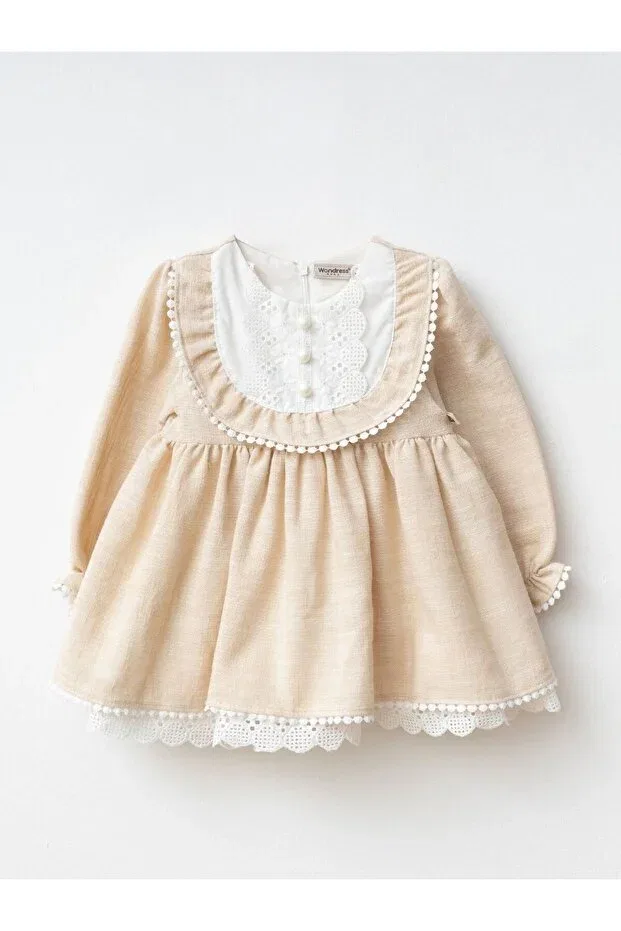 Детское платье для девочек кружевное Monalisa Cherrys Bebek, Light Beige — фото 2