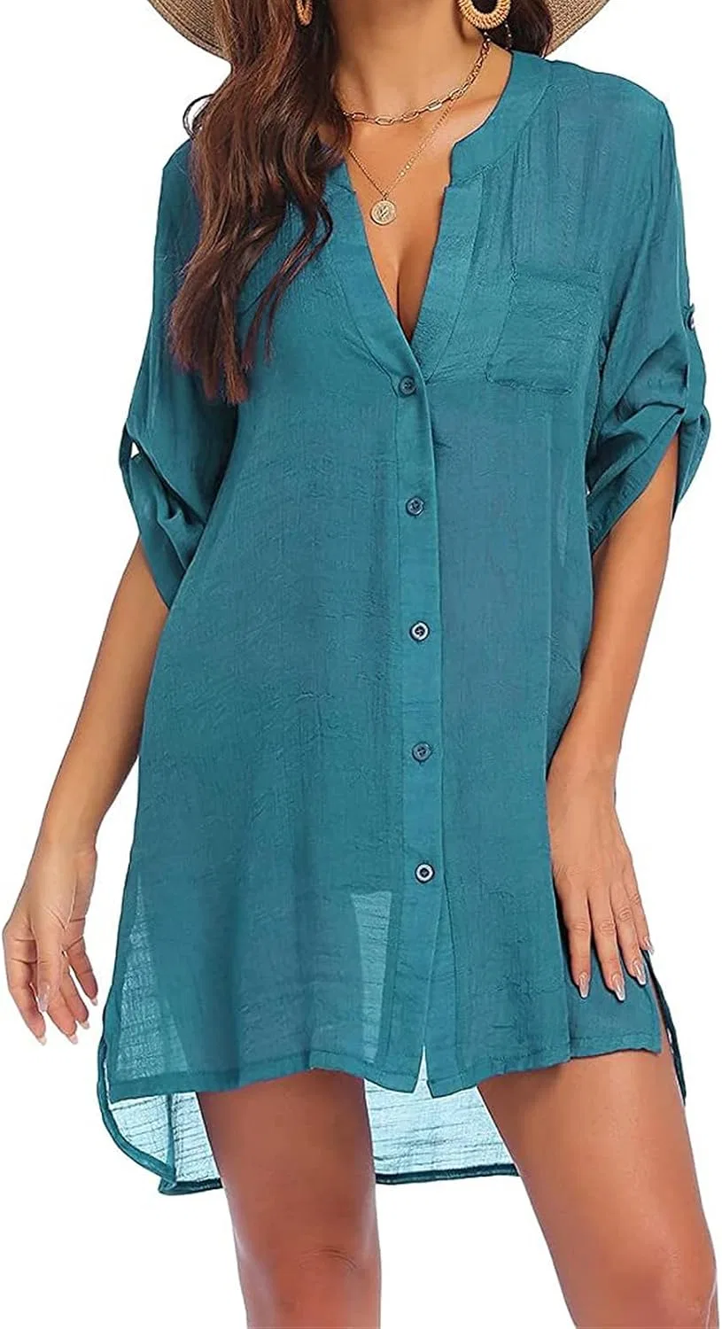 Женское пляжное платье-накидка с V-образным вырезом и пуговицами, Dark Green
