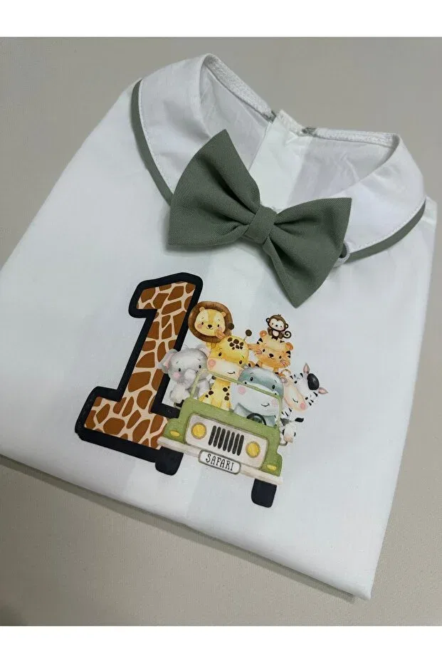 Детская рубашка для мальчиков с коротким рукавом с принтом Mildew Green Safari Concept Ribbed Shirt - Bow Tie Annerüyası, Mold Green White — фото 3