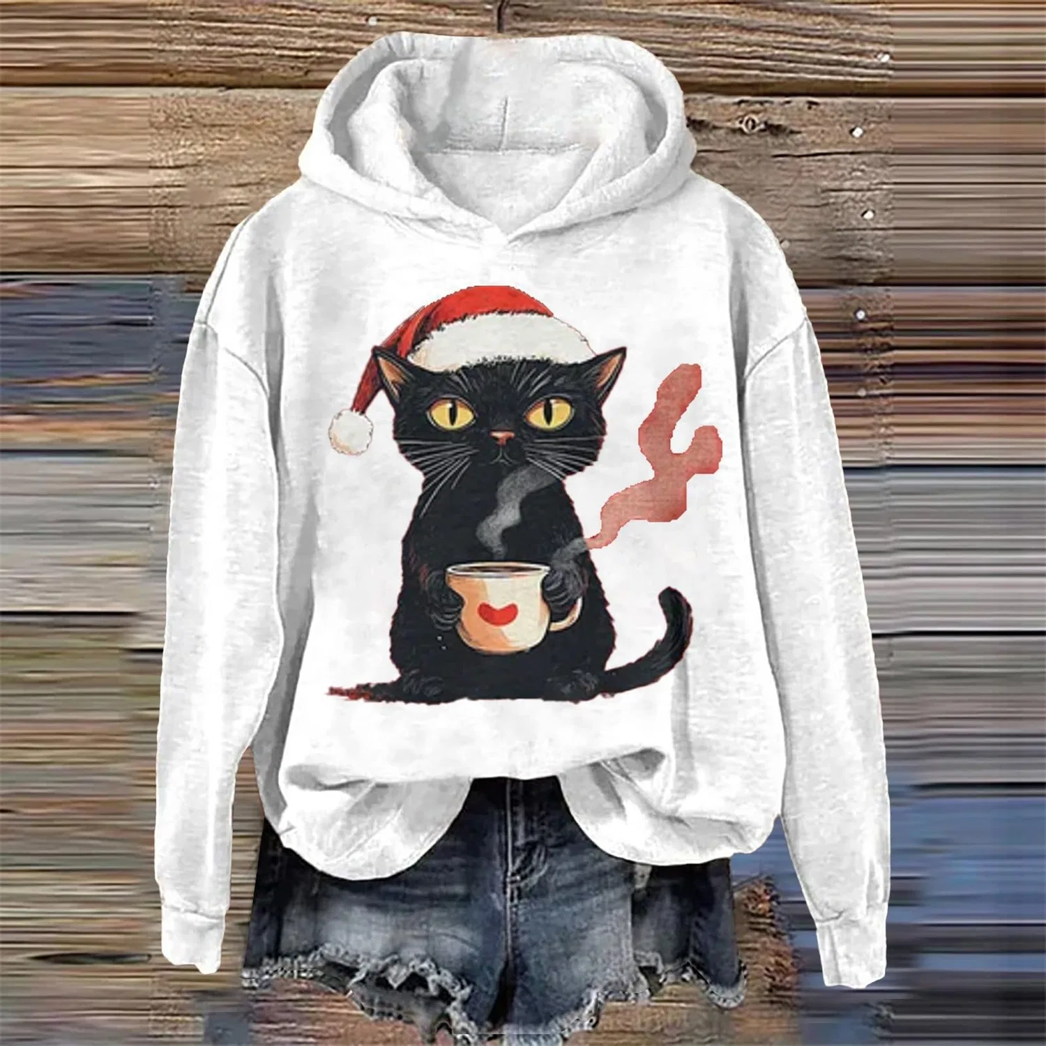Женский свитшот с принтом Christmas Tree Funny Cat Say What Woman Pullover, Z21 White — фото 2