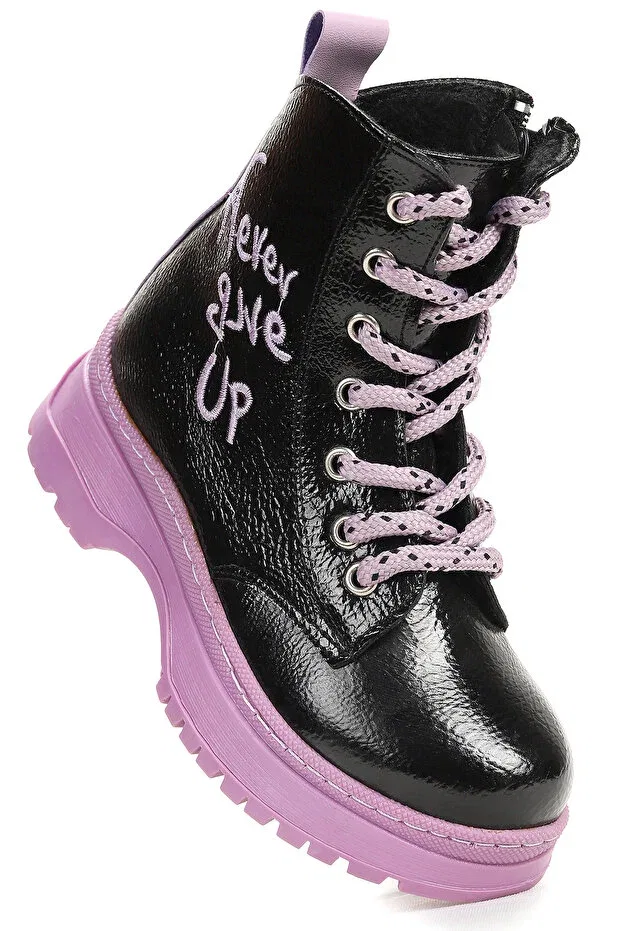 Детские ботинки для девочек на плоской подошве Kiko Kids, Black - Lilac