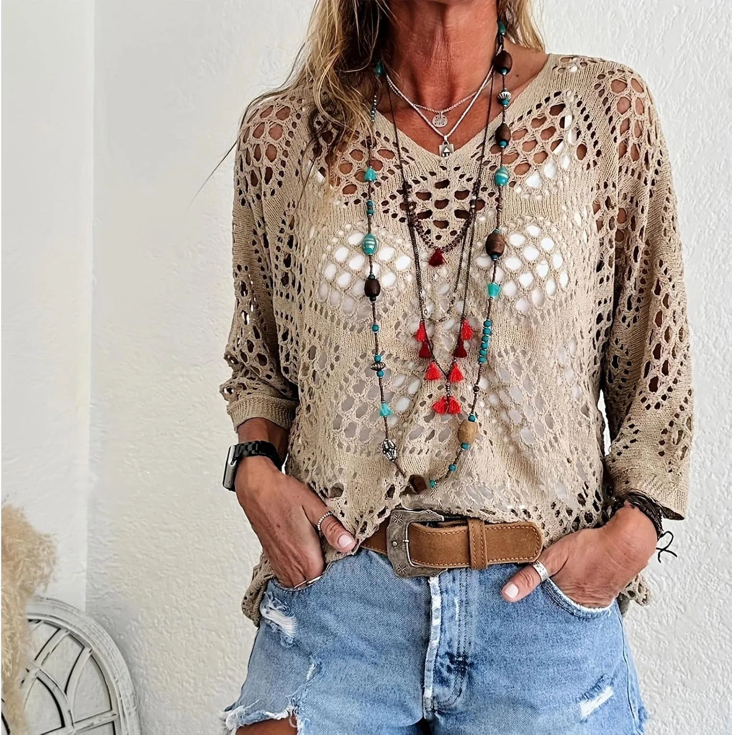 Женская ажурная вязаная накидка Crochet Hollow Out, Khaki — фото 3
