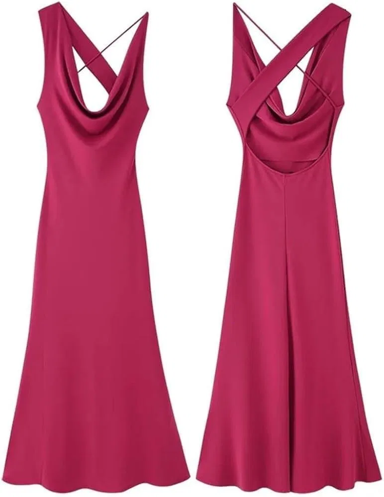 Женское платье с открытой спиной, модель Backless Irregular Sling, розовый — фото 2