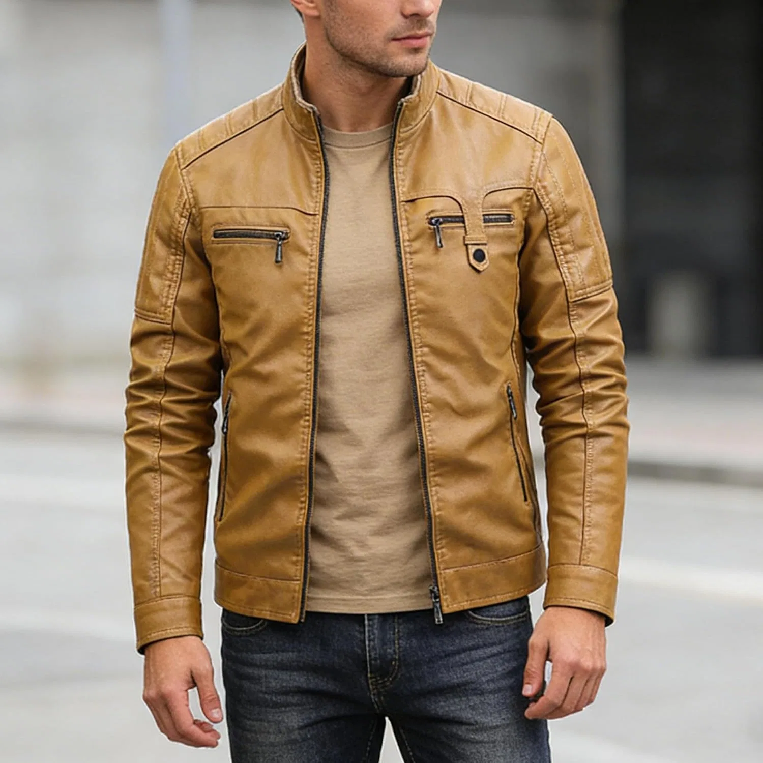 Мужская куртка из экокожи с воротником-стойкой, жёлтый — фото 2