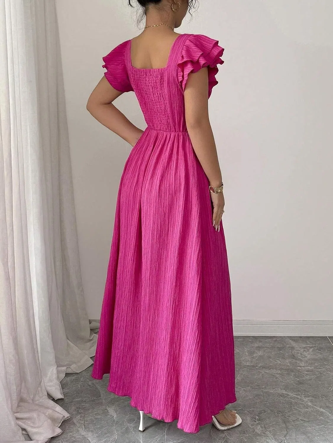 Женское повседневное платье с квадратным вырезом и оборками, Hot Pink — фото 2