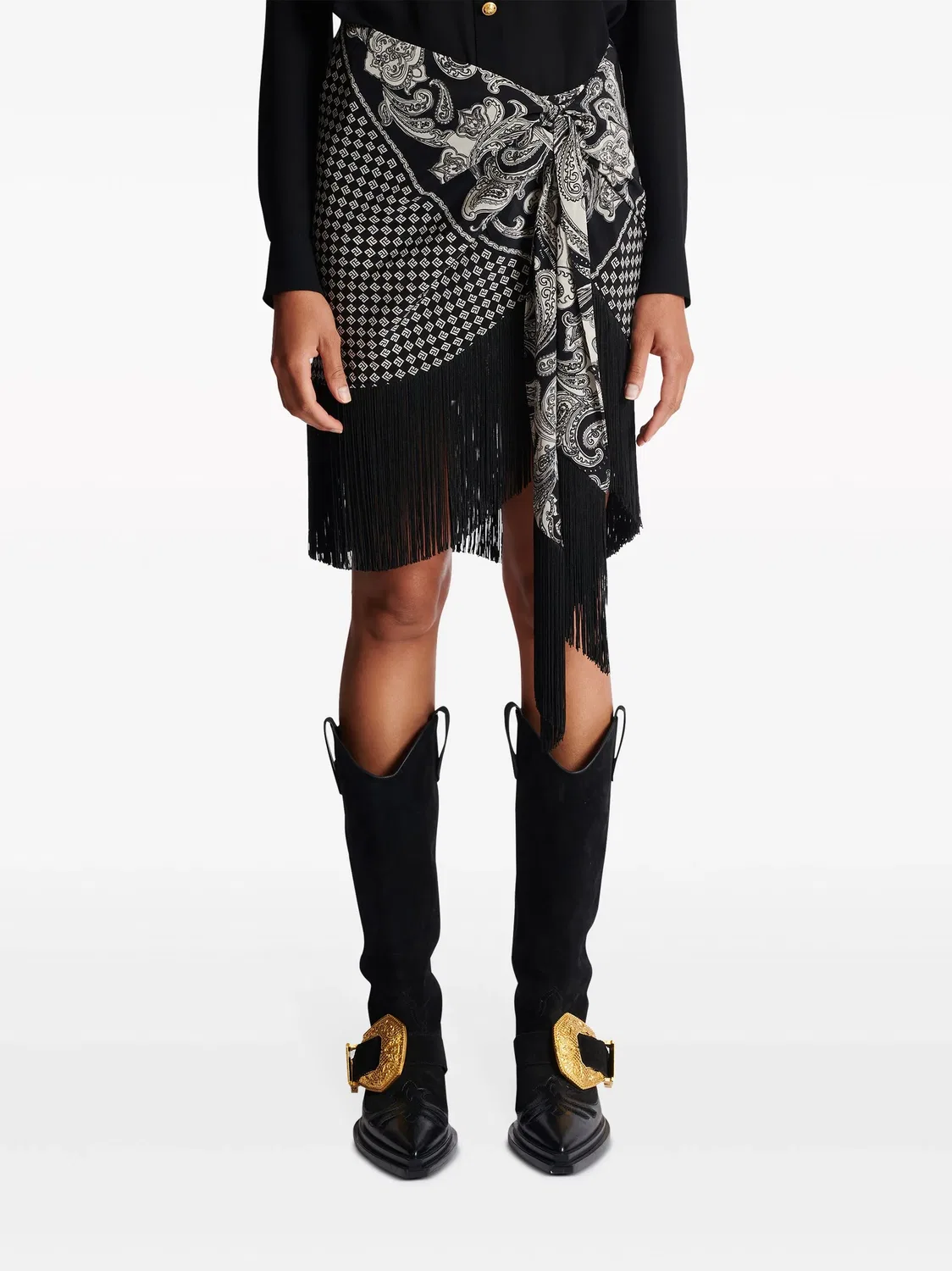 Мини-юбка из шелка с бахромой и принтом пейсли Balmain, черный — фото 2