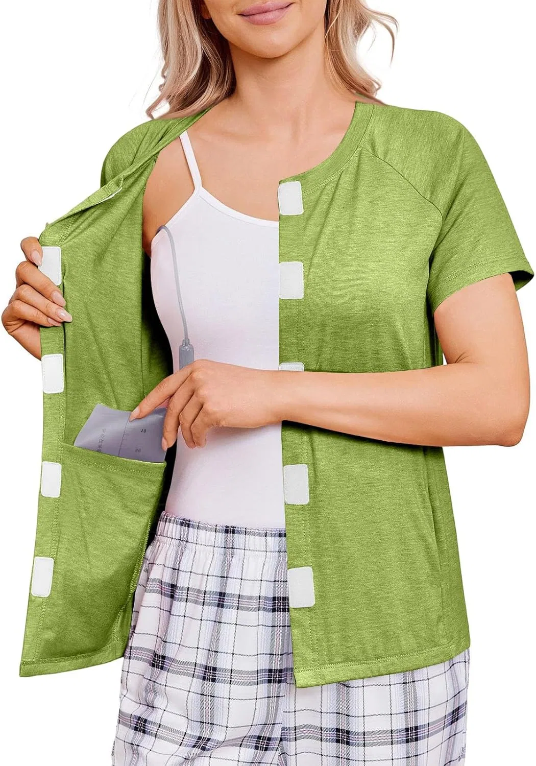 Женская мастэктомическая рубашка с карманами для дренажей, Short Sleeve, 1-light Green