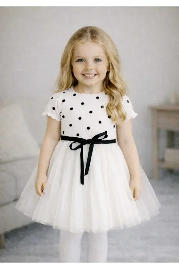 Детское платье для девочек с принтом Linda Short Sleeve Girls Princess Fluffy Ecru Dress Polka Dot Stretchy Lycra Dress Tutu Dress Şirin Şeyler Butiği, Ecru