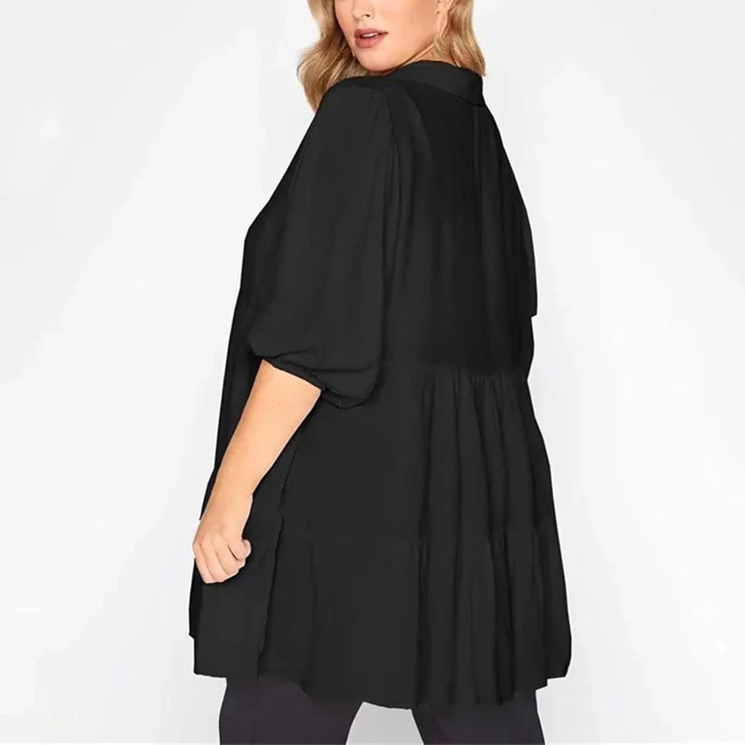 Женская блузка свободного кроя с принтом, модель Button Down Elegant Spring Tunic, чёрный — фото 3