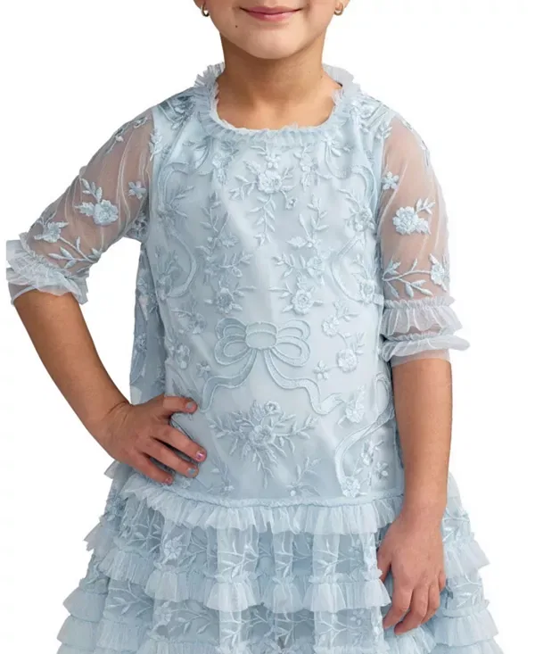 Детское платье для девочек с вышивкой Micro Ruffle Embroidered Mini Dress Mac DUGGal, Powder Blue — фото 3