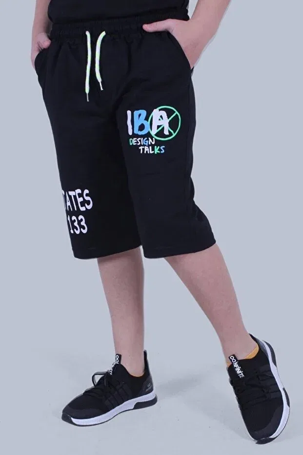 Детские шорты для мальчиков с принтом Iba text printed double pocket detailed boy's black capri shorts Panio Kids, Black — фото 2