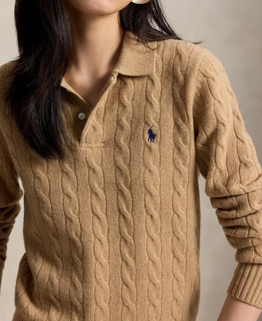 Женский свитер с кабельным узором и длинным рукавом, воротник-поло Polo Ralph Lauren, Collection Camel Melange — фото 3