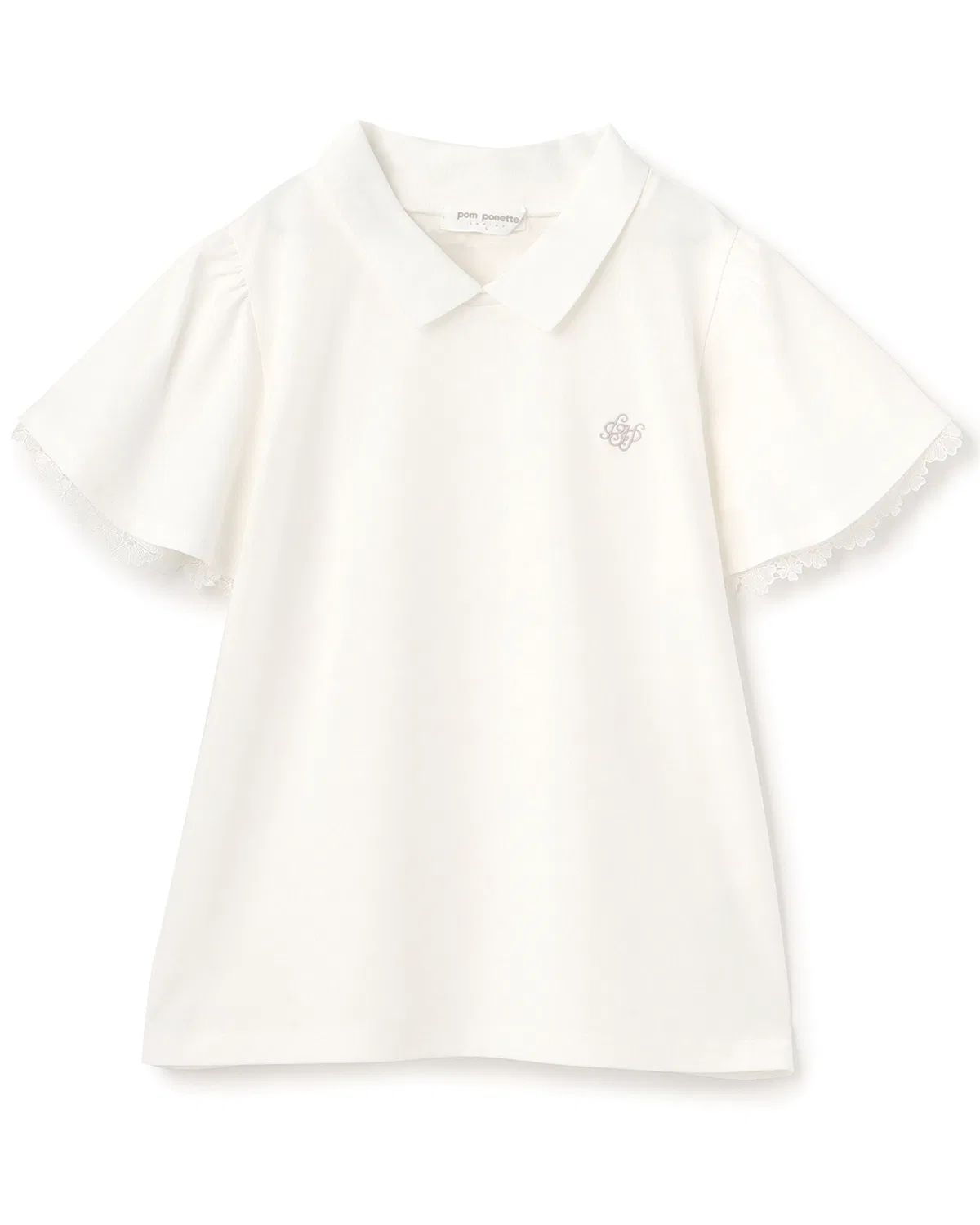 Детская блузка с длинным рукавоми кружевом, модель с вышивкой, pom ponette junior, White