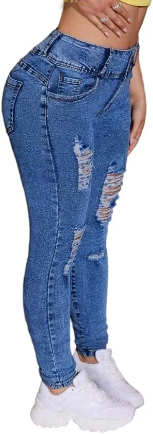Женские джинсы с высокой посадкой и рваными деталями, Medium-wash