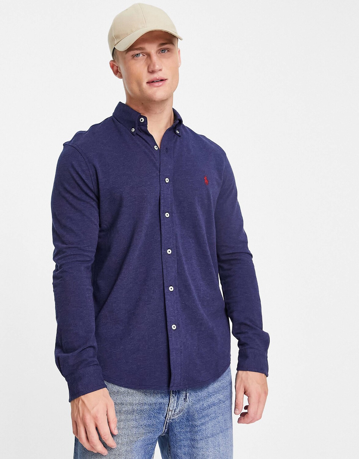 

Темно-синяя рубашка из пике на пуговицах с логотипом Polo Ralph Lauren