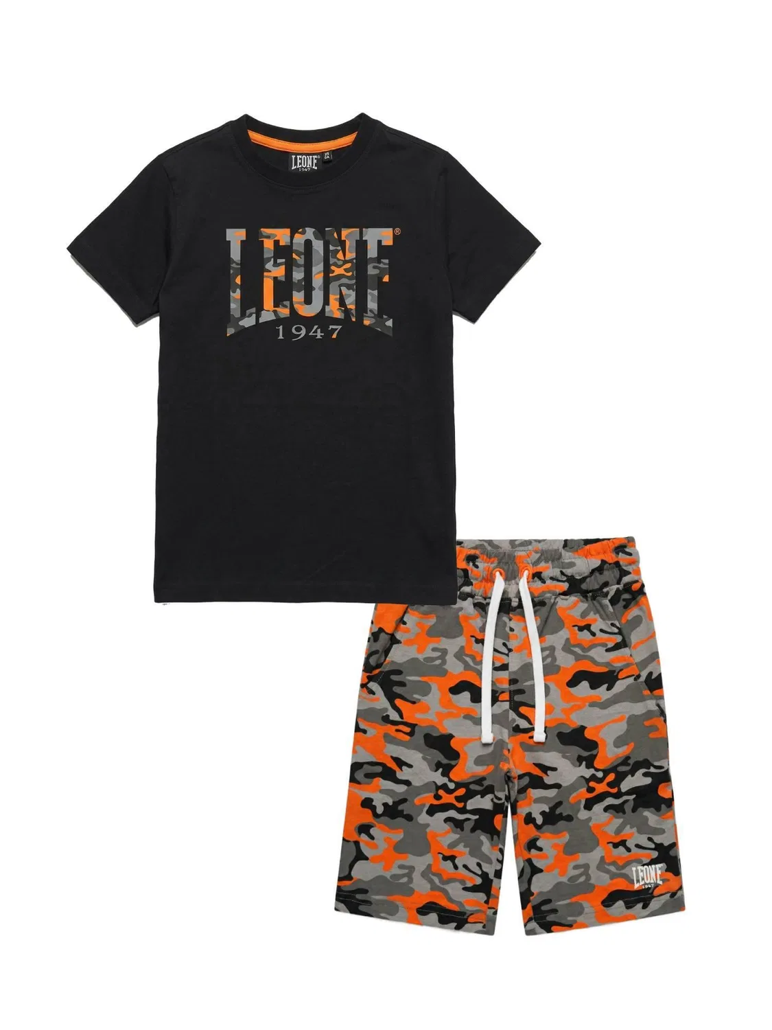 Детский комплект из футболки и бермуд с неоновыми деталями Leone 1947 Apparel, Schwarz / Orange