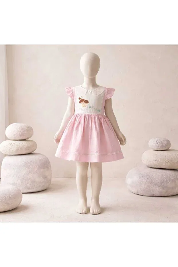 Детское платье для девочек хлопковое Mushroom figured linen dress Miniborn Baby, Pink — фото 2