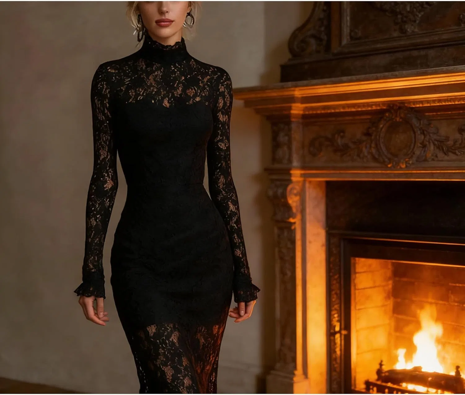 Женское кружевное платье Bodycon с V-образным вырезом, Black — фото 3