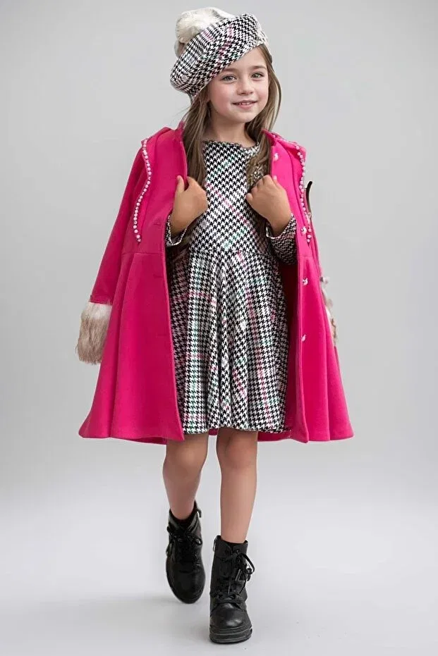 Детское пальто для девочек с принтом Houndstooth Pattern Basics Riccotarz, Fuchsia
